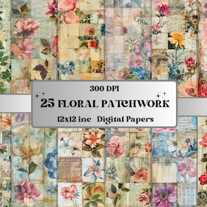 May include: A digital paper pack with 25 floral patchwork designs. The papers are 12x12 inches and 300 DPI. The designs feature a variety of flowers, including roses, lilies, and daisies, in shades of pink, red, blue, and yellow. The papers are perfect for scrapbooking, card making, and other crafting projects.