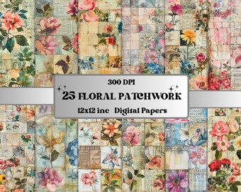 Floral Patchwork Textures Paper, Vintage Shabby Ephemera Collage, Floral Patchwork Scrapbook Paper, Printable Floral Newspaper Journal Pages