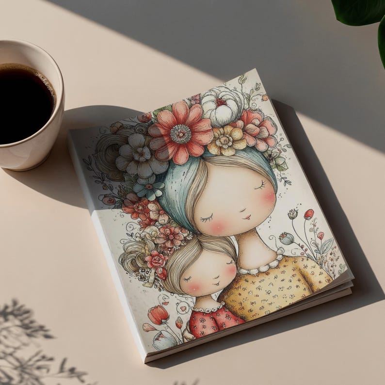 May include: A closed book with a watercolor illustration of a mother and child, both adorned with floral crowns. The mother figure wears a yellow dress, while the child wears a red dress. The book is on a light beige surface, next to a cup of coffee.