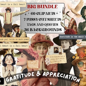 Gratitude & Appreciation Collage Pack, Whimsical Ephemera Fussy Cut, Inspirational Tags and Quotes, Feelings Scrapbook, Surreal Background