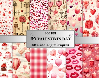 Afdrukbaar Valentijnsdag digitaal papier, romantische Valentijnsephemera, bloemenhartpagina's, download junk journal, scrapbooking, kaarten maken