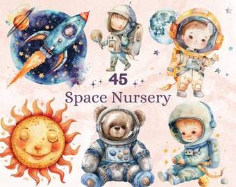 45 PNG Watercolor Cute Space Clipart, Space Baby Shower Illustration Clip art, Cute Astronaut Nursery png, Galaxy Rocket Planet Sublimation