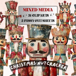 May include: A collection of vintage-style Christmas nutcracker clip art. The image features several nutcracker figures in various poses, with red, blue, and gold color schemes. The text "Mixed Media" and "Christmas Nutcracker" are also visible.
