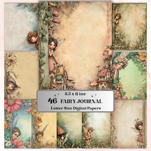May include: A collection of 46 digital papers with a fairy theme. The papers feature illustrations of fairies, mushrooms, and whimsical houses. The papers are letter size, 21.6 x 27.9 cm, and have a vintage aesthetic.