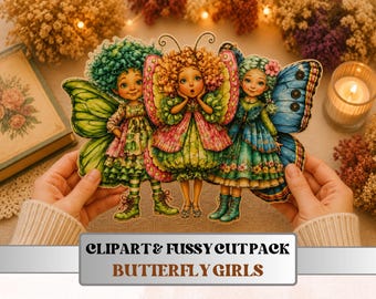 Butterfly Girls Fussy Cuts, Printable Cut Outs, Butterfly Ephemera, Junk Journal Scrapbook Pack, Whimsical Paper Craft
