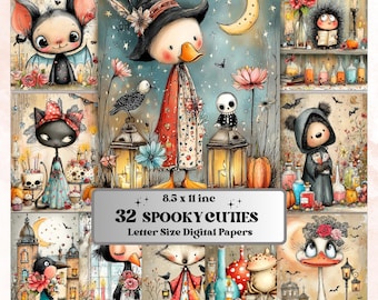 Spooky Animals Digital Paper Pack | Quirky Halloween Creatures Junk Journal (32 Sheets)