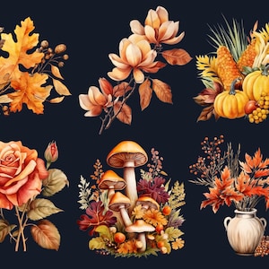 45 PNG Watercolor Fall Botanical Clipart, Autumn Flowers Illustrations ...