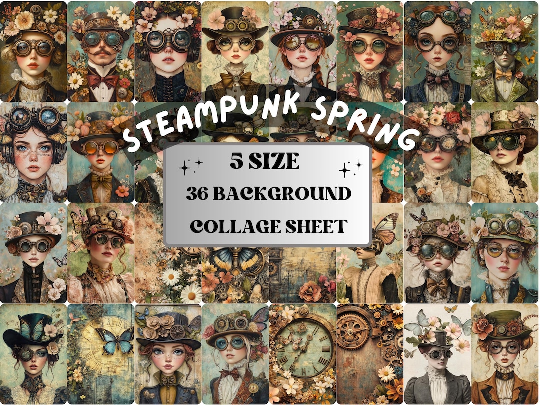 Steampunk Spring Collage Paper, Surreal Steampunk Mixed Media Sheet ...