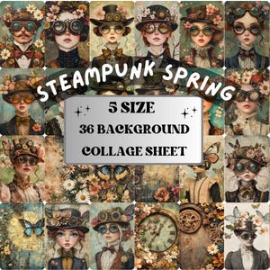 Steampunk Frühling Collage Papier, Surreal Steampunk Mixed Media Sheet, Florale, launische Ephemera Bilder, Quirky Journal, Frühling Scrapbook Papier