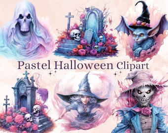 40 PNG Watercolour Pastel Halloween Bundle Clipart, Cute Pink Halloween Illustrations Clip art, Witchcraft png, Pastelloween Sublimation