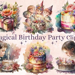 30 PNG aquarelle magique fête d’anniversaire Clipart, Fantasy joyeux anniversaire Clip art, anniversaire png bundle, utilisation commerciale illustration fantastique