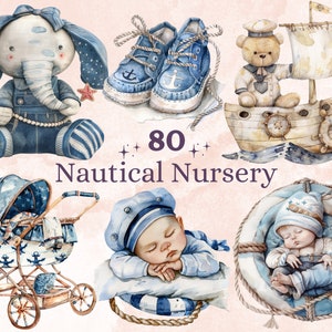 80 PNG Watercolor Nautical Nursery Clipart, Little Sailor Baby Shower Illustration Clip art, Cute Ocean png, Coastal Nautical Sublimation