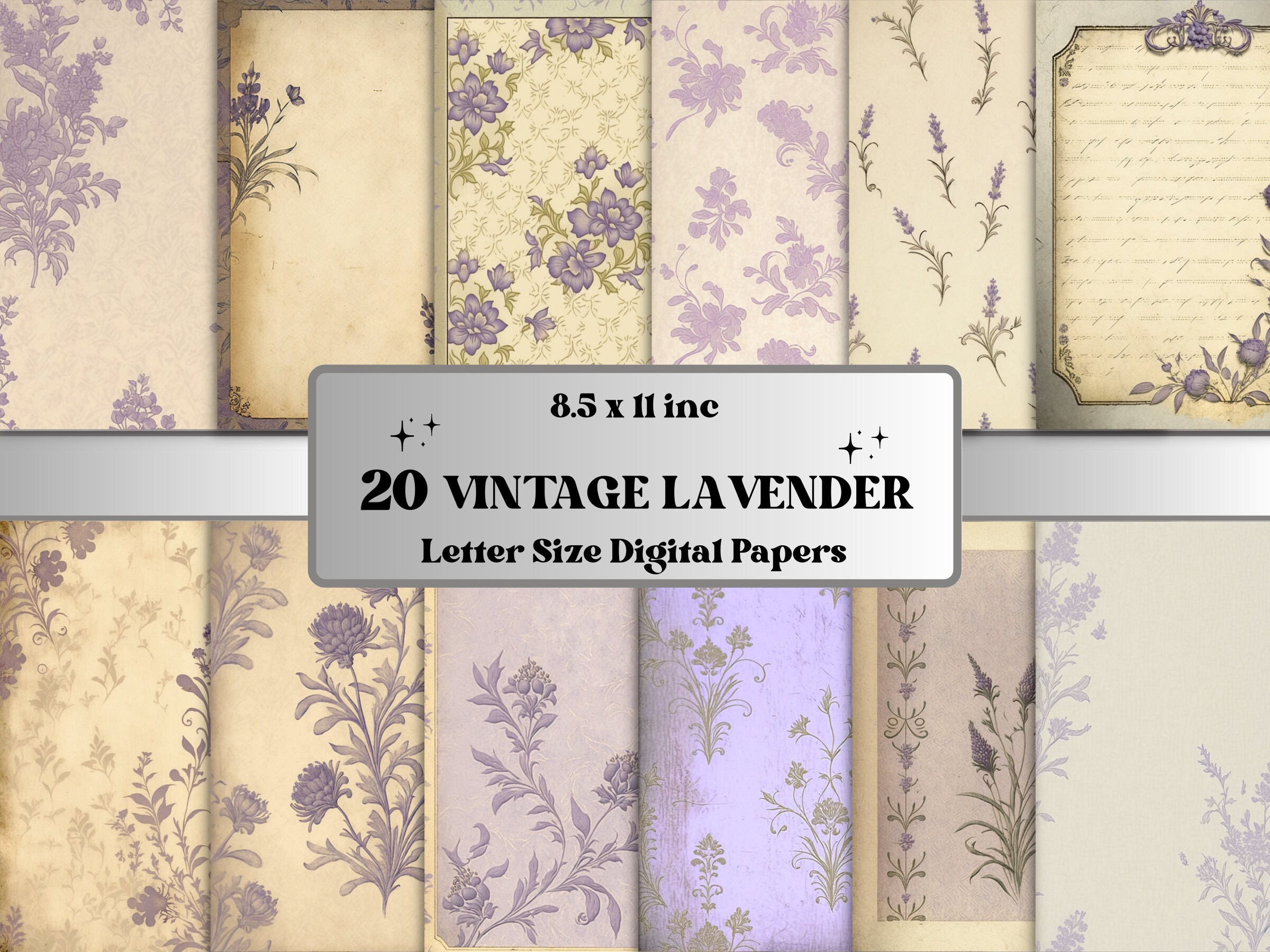 Printable JPG Pages vintage Lavender Floral Junk Journal Digital Paper Pack, Lavender Scrapbook Paper, vintage Journal Page Ephemera Collage