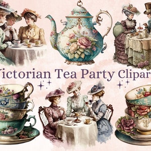 27 PNG Aquarel Victoriaanse Tea Party Clipart, Victoriaanse Tea Time png bundel, Vintage Tea Party PNG, Victoriaanse Tijdperk Tea Time Clip Art set