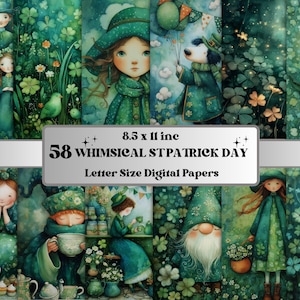 Può includere: Una collezione di 58 carte digitali fantasiose per la festa di San Patrizio, ciascuna di 21,59 x 27,94 cm. L'opera presenta illustrazioni di persone, animali e gnomi in tonalità di verde, con trifogli e altri elementi festivi.