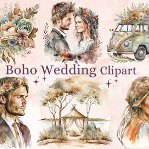 33 PNG acuarela Boho boda Clipart, Boho rústico boda Clip art, Boho boda día png paquete, ilustración boho para uso comercial