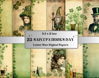 Printable St.Patrick’s Day Digital Paper, Irish Shamrock Ephemera, Four Leaf Clover Pages Junk Journal Kit, Scrapbooking, Card Making