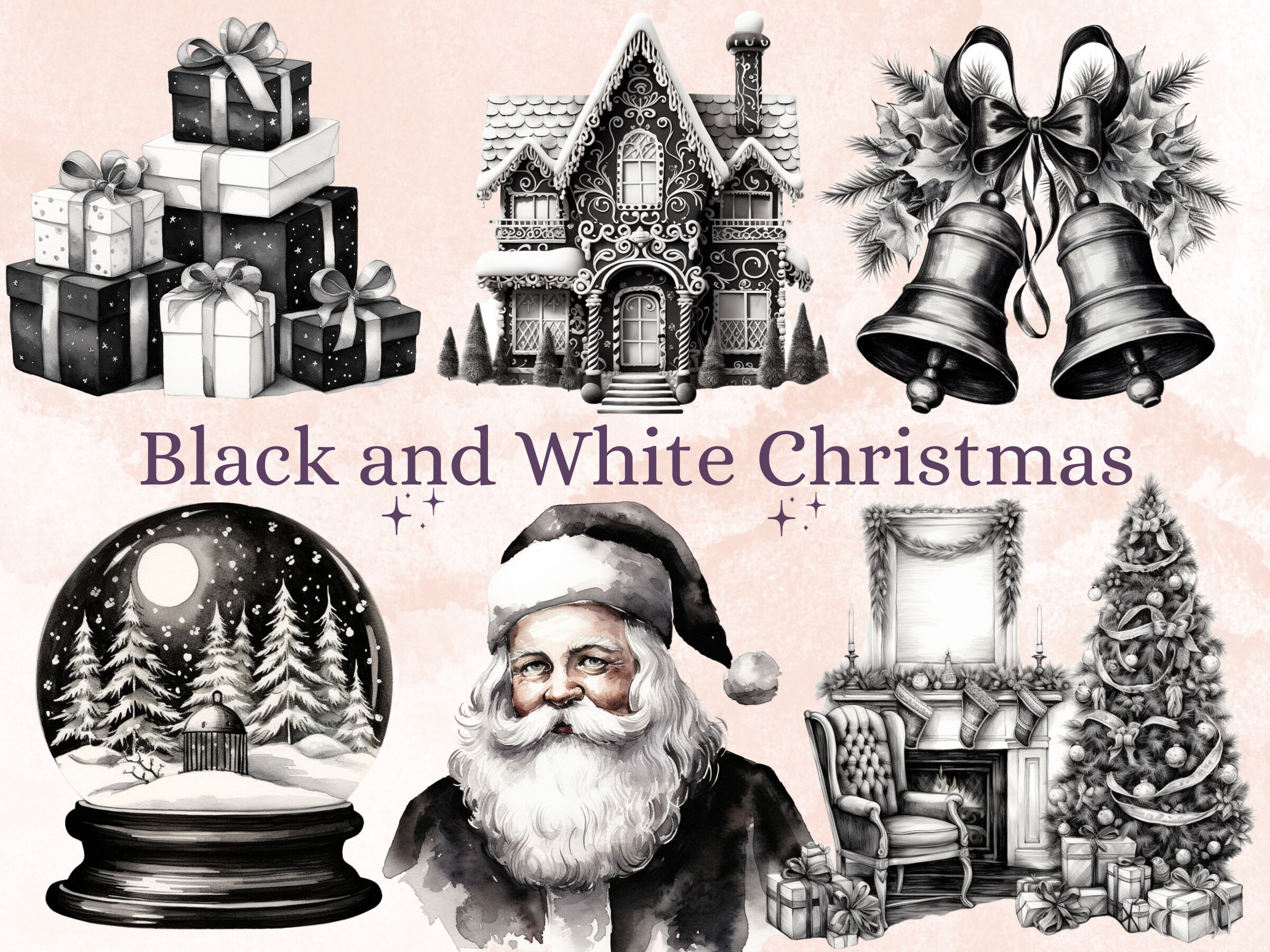 45 PNG acuarela blanco y negro Navidad Clipart, vieja ilustración de  Navidad Clip art, nostalgia vacaciones de invierno png, adornos de Navidad  Noel, image size:2400x1800