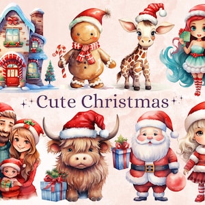40 PNG aquarelle mignon Noël Bundle Clipart, Illustrations d'animaux de Noël kawaii Clip art, vacances d'hiver png, décorations de Noël Noël