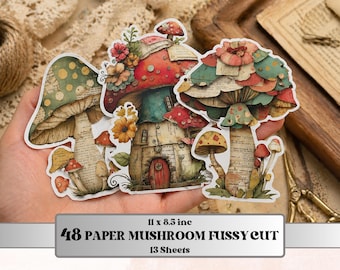 Whimsical Paper Mushrooms Fussy Cut Bundle, 48 Mushroom Cutouts, Cottagecore Ephemera Junk Journal Scrapbook Sheets