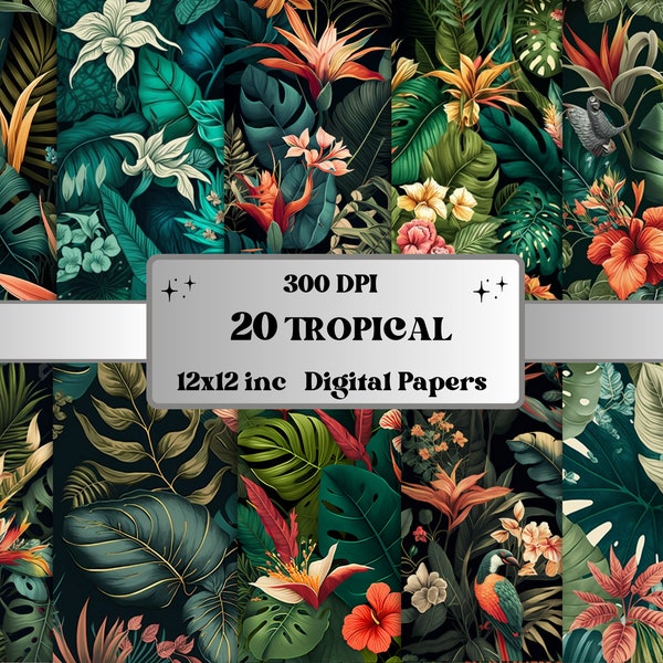 Tropical Digital Paper, Spring Botanical paper pack, floral journal and scrapbooking pages, Tropical Botanical Background, Botanical Cards