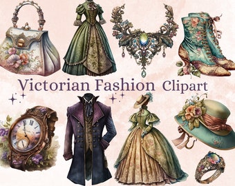 32 PNG Clipart di moda vittoriana dell'acquerello, bundle di png di moda vintage, png di clip art del vestito di epoca vittoriana, ClipArt di moda vittoriana PNG