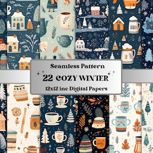 Paquete de papel digital de invierno acogedor sin costuras, patrón repetitivo de vacaciones nevadas, fondo de textura sin costuras festivo de Navidad, papel de álbum de recortes