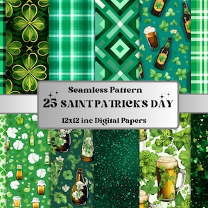 Nahtloses St. Patricks Day digitales Papier, vierblättriges Kleeblatt Wiederholungsmuster, St Patricks Day Textur Hintergrund, irisches Kleeblatt Muster Papiere
