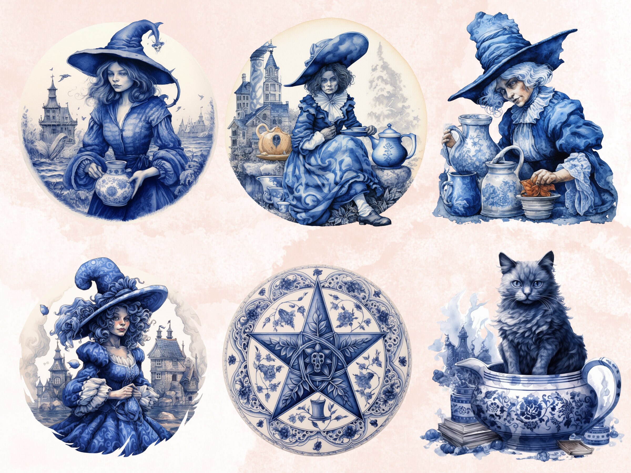 40 PNG Watercolour Delft Blue Witch Clipart, Witchcraft Clip Art, Witch ...