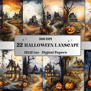 Papel digital de paisagem de Halloween para impressão, cenas de Halloween em aquarela, páginas assustadoras, download de lixo eletrônico, álbum de recortes, criação de cartões