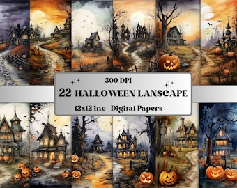Printable Halloween Landscape Digital Paper, Watercolor Halloween Scenes, Spooky Pages, Download Junk Journal, Scrapbooking, Card Making