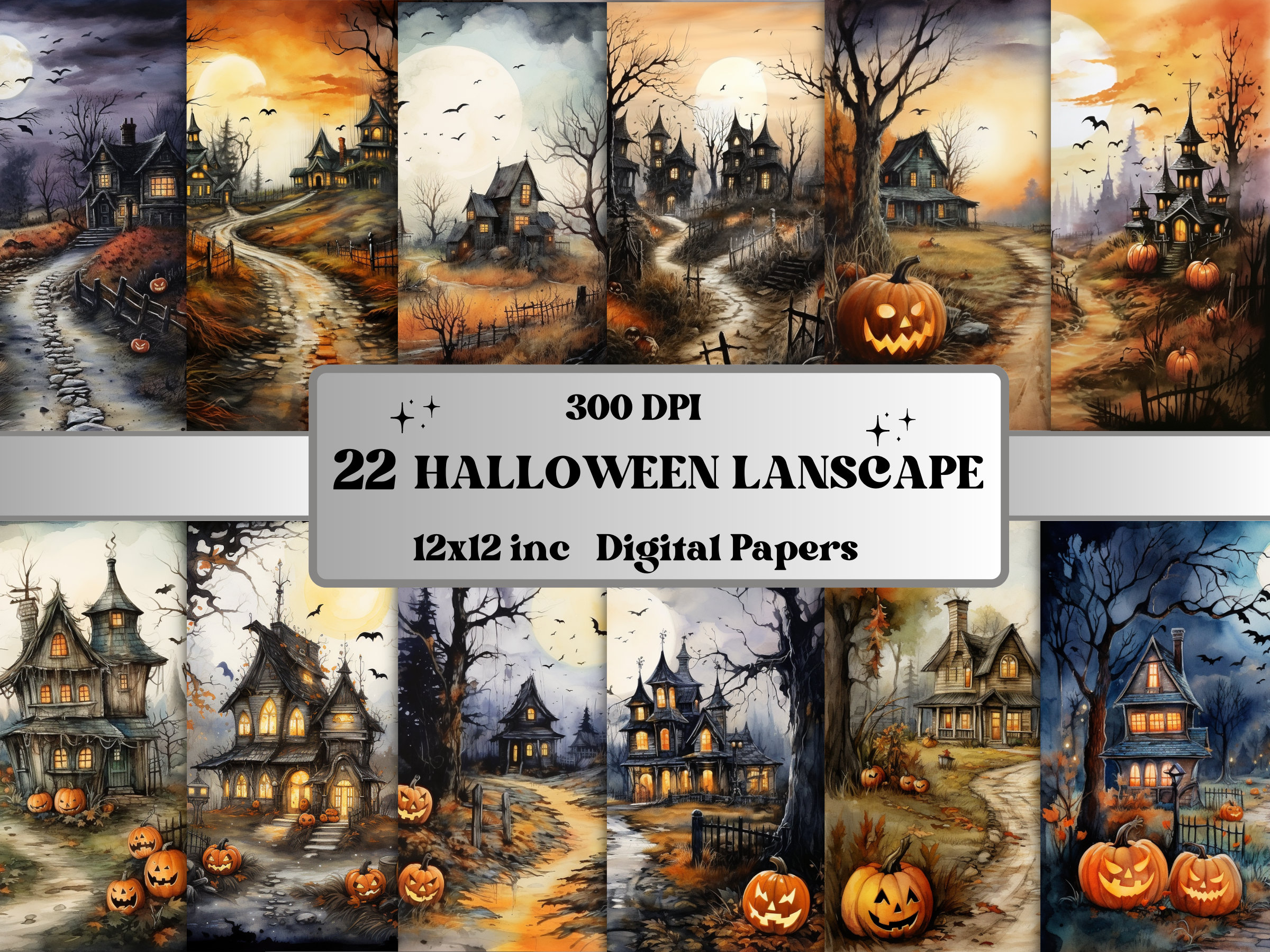 Druckbare Halloween Landschaft digitales Papier, Aquarell Halloween Szenen, gruselige Seiten, Download Junk Journal, Scrapbooking, Kartenherstellung