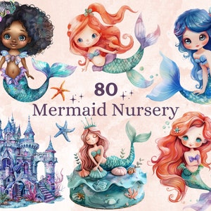 80 PNG Watercolor Mermaid Nursery Clipart, Little Mermaid Baby Shower Illustration Clip art, Cute Mermaid png, Under the Sea Sublimation