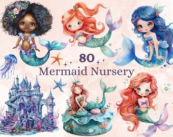 80 PNG Watercolor Mermaid Nursery Clipart, Little Mermaid Baby Shower Illustration Clip art, Cute Mermaid png, Under the Sea Sublimation