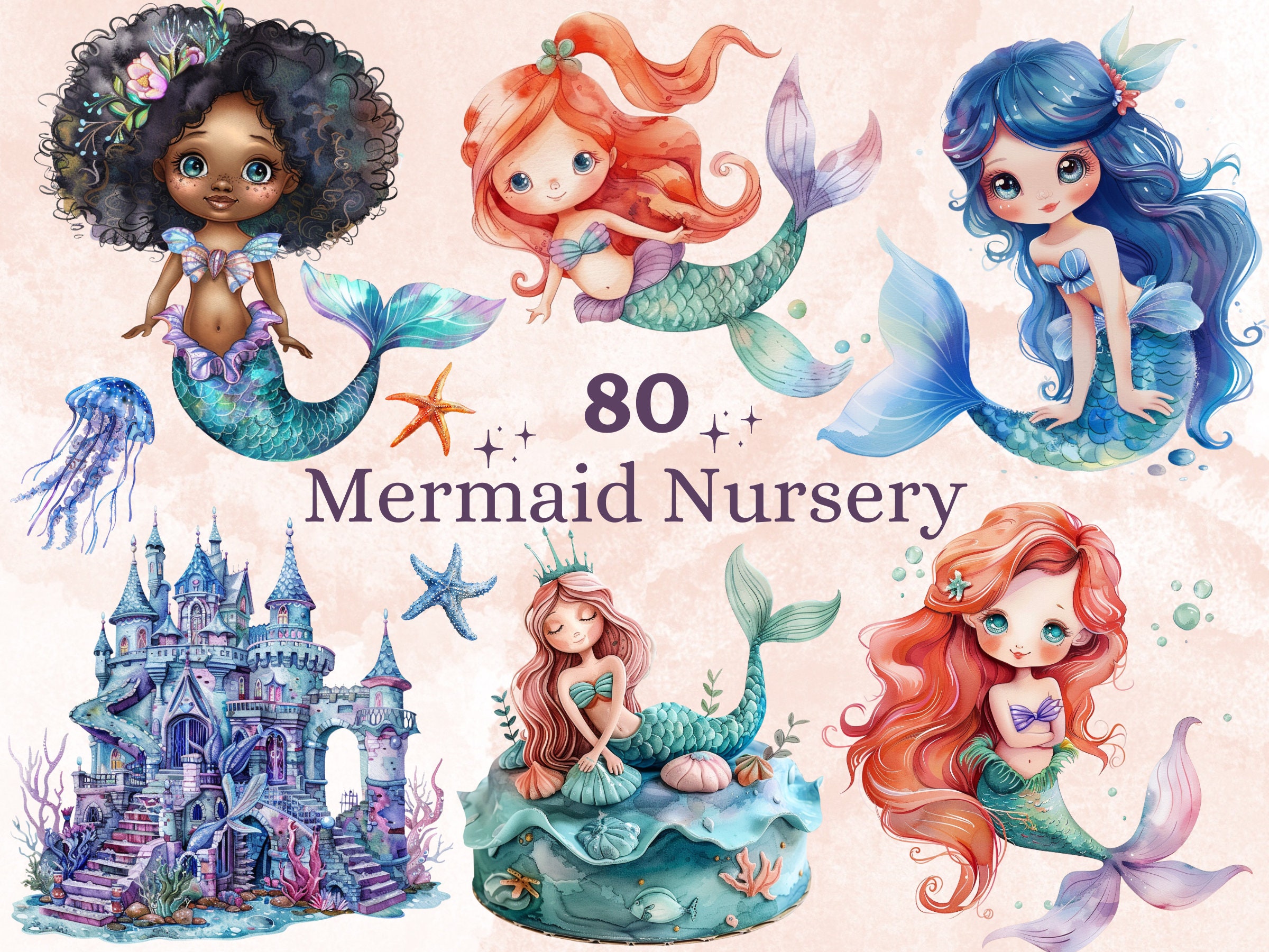 80 PNG Watercolor Mermaid Nursery Clipart, Little Mermaid Baby Shower ...