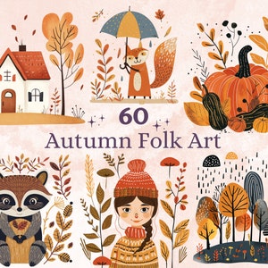 60 PNG Akwarela Skandynawska Jesień Clipart, Jesienne Dynie Folk Art Ilustracje Clip Art, Jesienne Święta png, Nordyckie Jesienne Ozdoby