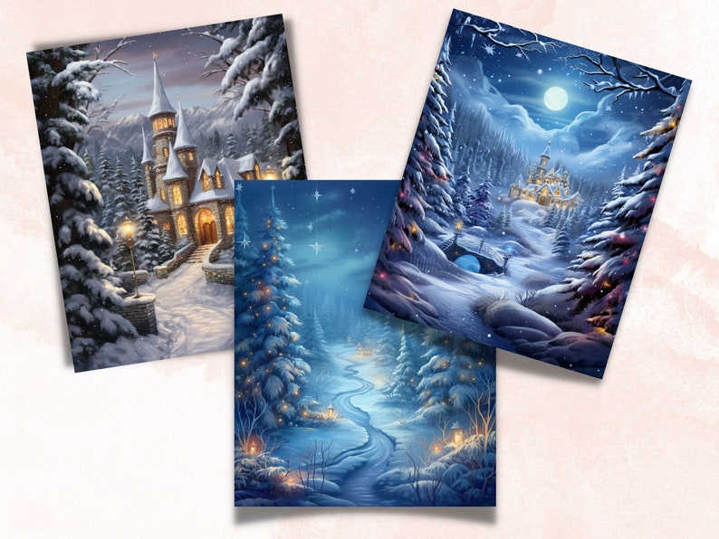 Utskrivbart digitalt papper med förtrollad jul, julbakgrund, vinterlandskapsbakgrund, ladda ner skräpjournal, scrapbooking bild 7