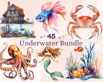 45 PNG Clipart sottomarino ad acquerello, Clip art vivaio oceanico, Collezione animali marini png, Sublimazione vita marina, Pacchetto tema sottomarino