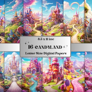 Druckbare Fantasy Candyland digitales Papier, Märchen süße Süßigkeiten Hintergrund, Kawaii Landschaft Hintergrund, Download Junk Journal, Scrapbooking