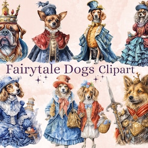 35 PNG 水彩画のおとぎ話の犬のクリップアート バンドル、おとぎ話の動物のクリップアート、ビンテージのおとぎ話のパギー犬の PNG、ファンタジーの子犬の PNG クリップアート