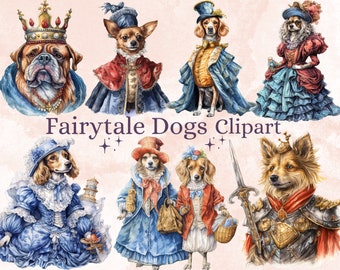 35 PNG Watercolor Fairytale Dogs Clipart Bundle, Fairy tale Animal Clip Art, Vintage Fairy tale Puggy Dog PNG, Fantasy Puppies PNG Clip art