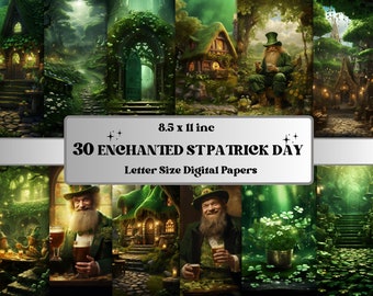 May include: 30 digital papers featuring a whimsical St. Patrick's Day theme. The papers feature illustrations of leprechauns, cottages, and lush green landscapes. The papers are 8.5 x 11 inches.
