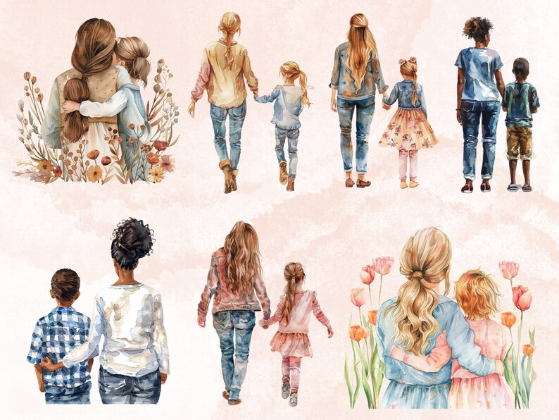 60 PNG Watercolor Mother's Day Views Clipart, Back View Family ...