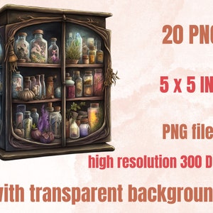 20 PNG Watercolor Witches Apothecary Cabinet Clipart, Wiccan png, magic clip art, mystical clipart, witchcraft png clipart, Potion clipart