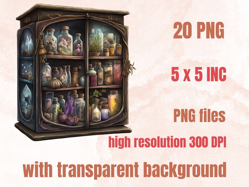 20 PNG Watercolor Witches Apothecary Cabinet Clipart, Wiccan png, magic clip art, mystical clipart, witchcraft png clipart, Potion clipart