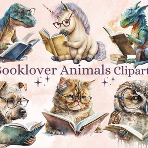 26 Pacote de clipart de animais PNG Watercolor Booklover, lendo animais clip art, fantasia lendo clipart, lendo livro berçário de animais png conjunto