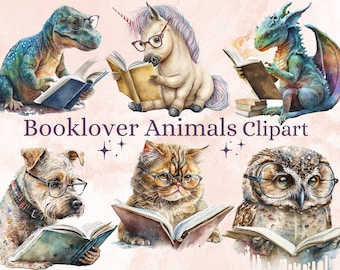 26 PNG Watercolour Booklover Animals Clipart Bundle, Reading Animals Clip Art, Fantasy Reading Clipart, Reading Book Animals Nursery png set