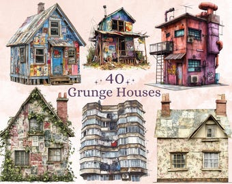 Grunge Houses Clipart | 40 Urban Distressed House PNG | Quirky Home Digital Download