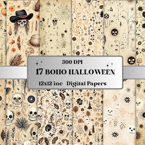 Papel digital Boho Halloween para impressão, coisas efêmeras Boho Halloween, páginas da temporada assustadora, download de Junk Journal, álbum de recortes, criação de cartões