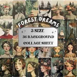 Whimsy Forest Dreams Collage Paper, Surreal Quirky Forest Mixed Media Sheet, Whimsical Ephemera Images, Quirky Junk Journal, Scrapbook Paper
